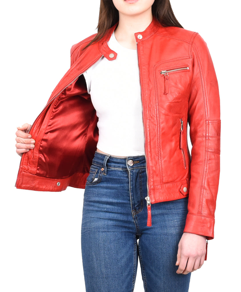 DR245 Women's Real Leather Biker Jacket Red 10