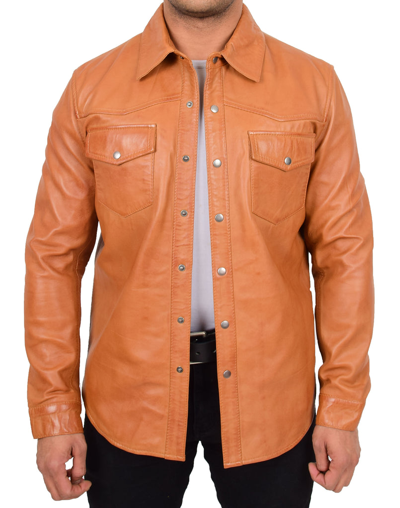 DR548 Men's Classic Leather Trucker Style Shirt Tan 8