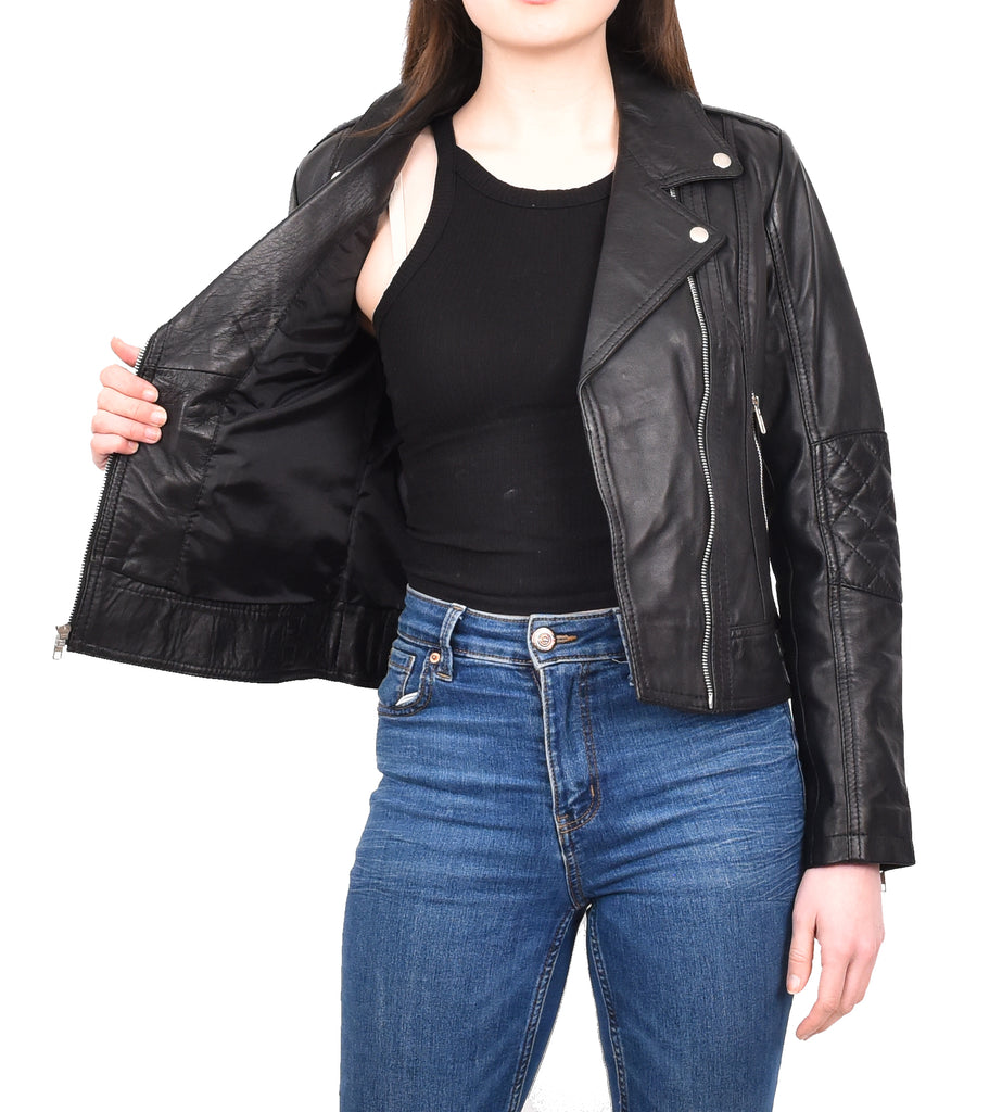 DR207 Women's Real Leather Biker Cross Zip Jacket Black 11