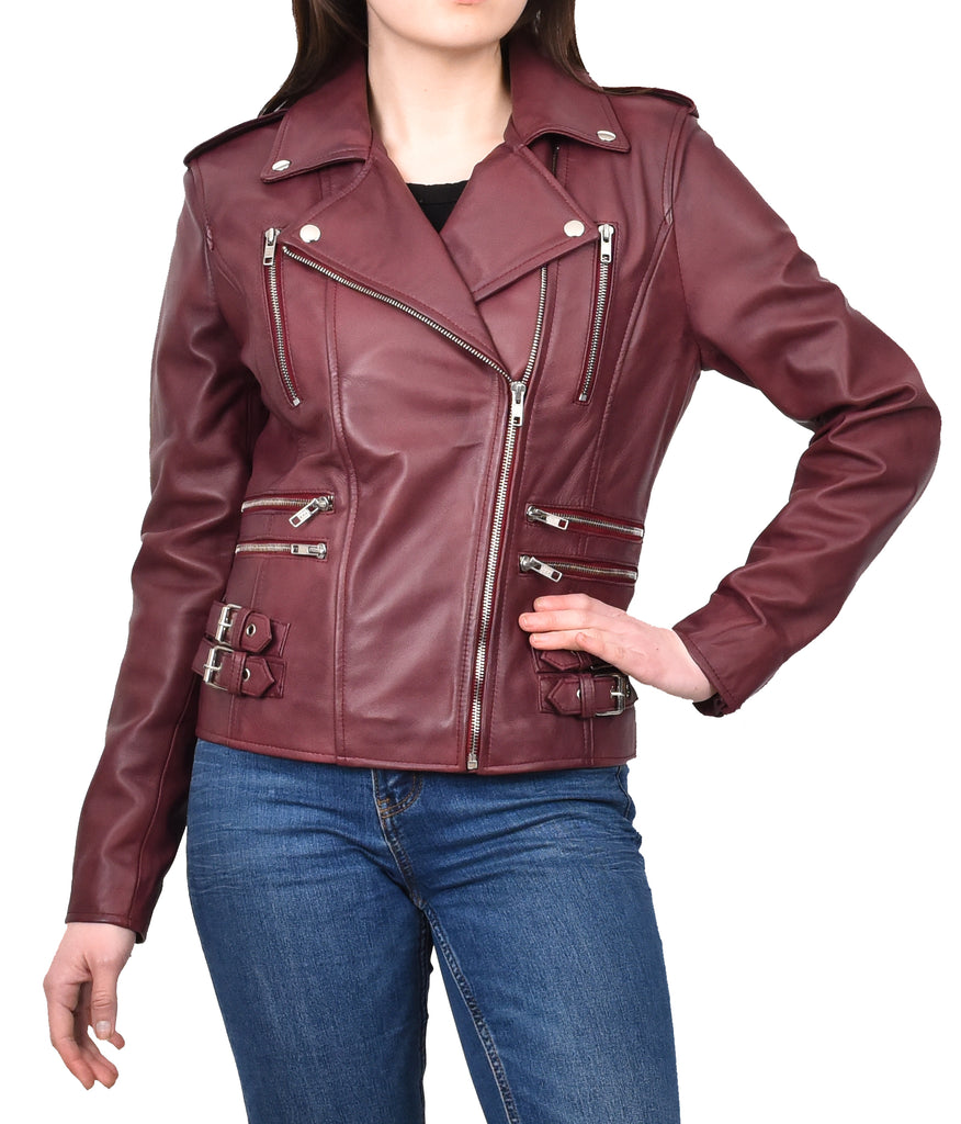 DR195 Women’s Trendy Biker Leather Jacket Burgundy 7