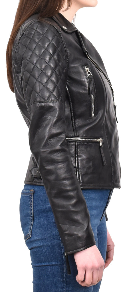 DR246 Women's Real Leather X-Zip Biker Style Jacket Black 7