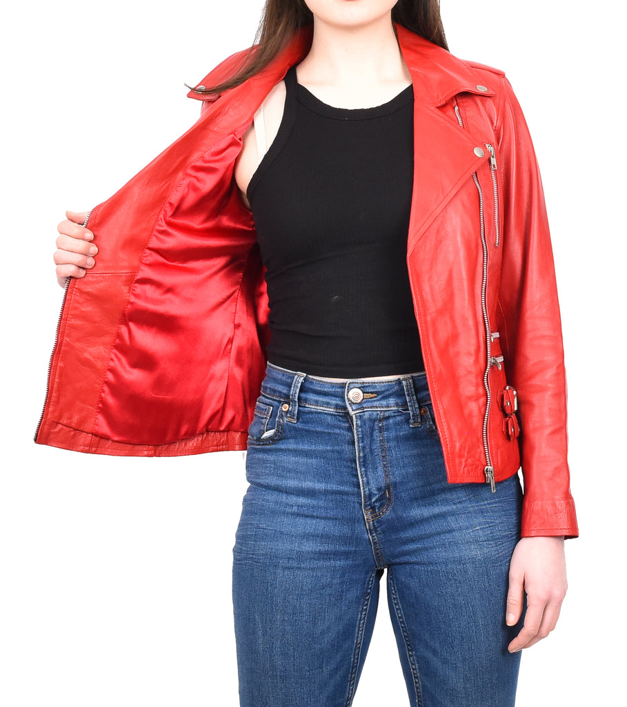 DR195 Women’s Trendy Biker Leather Jacket Red 12