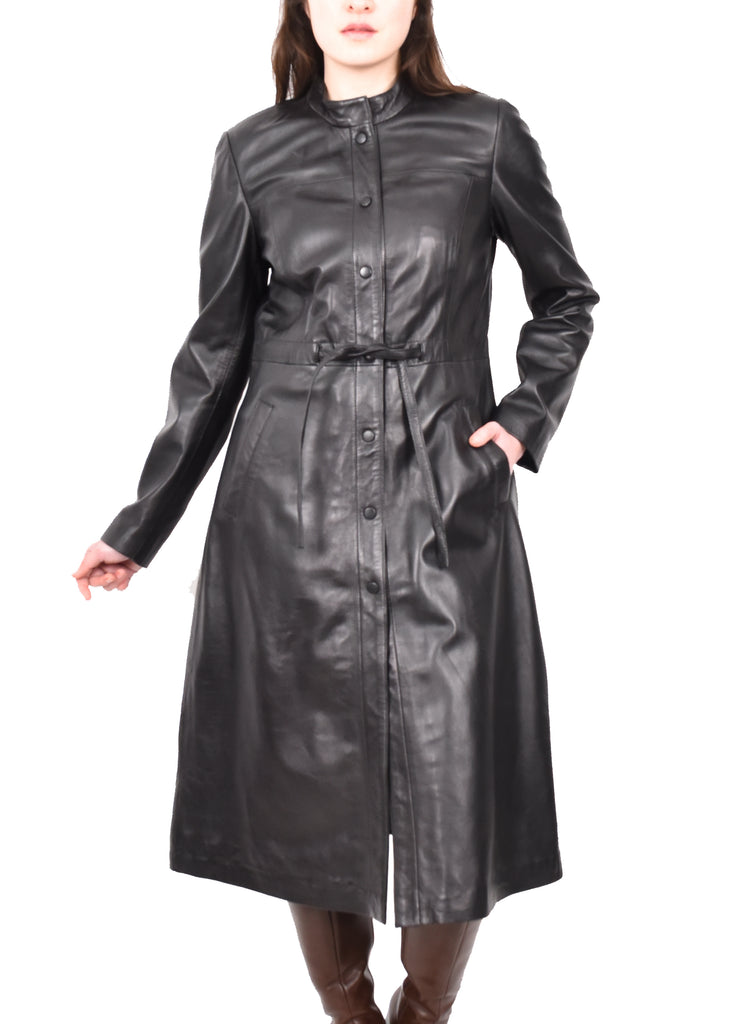 DR240 Women's Real Leather Slim Fit Trench Overcoat Black 8
