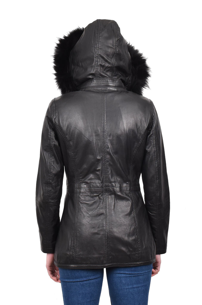 DR260 Women’s Black Leather Duffle Parka Jacket with Removable Hood 7