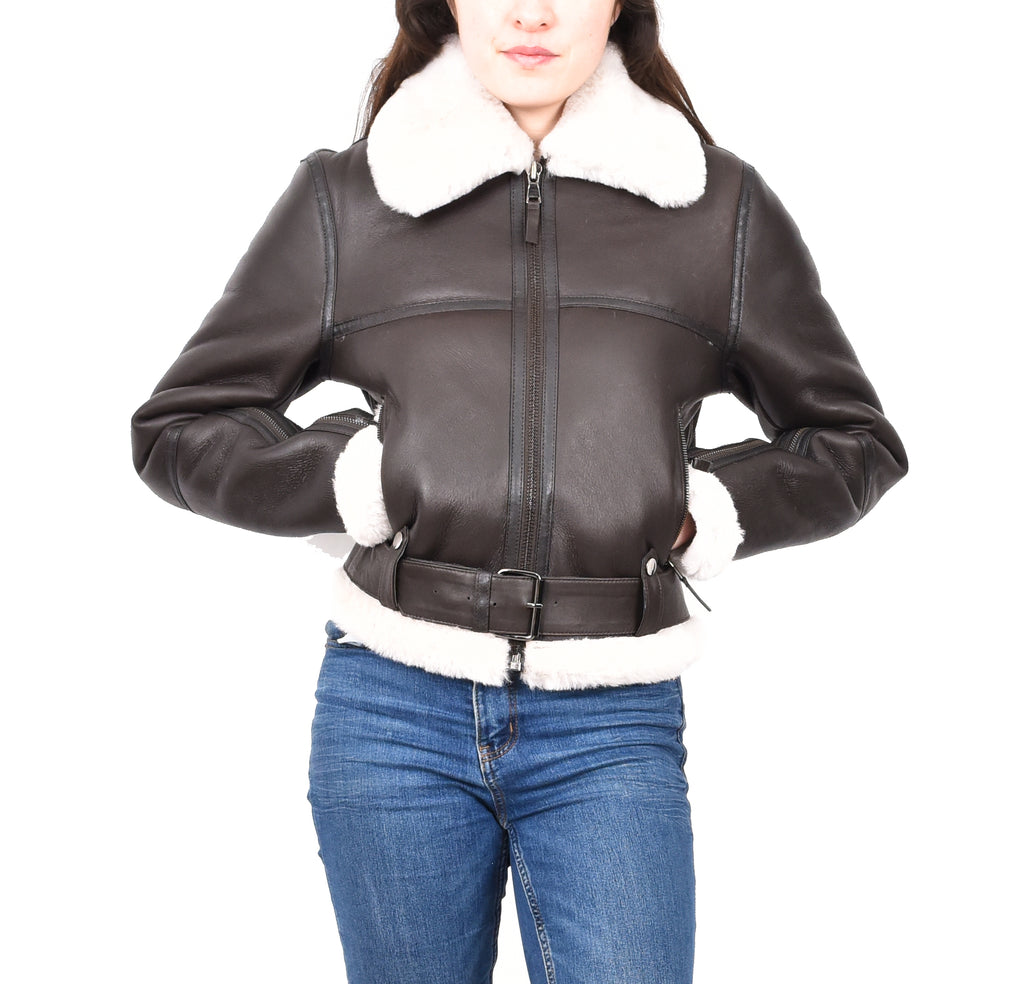 DR228 Women's Retro Sheepskin Leather Jacket Short Brown 8