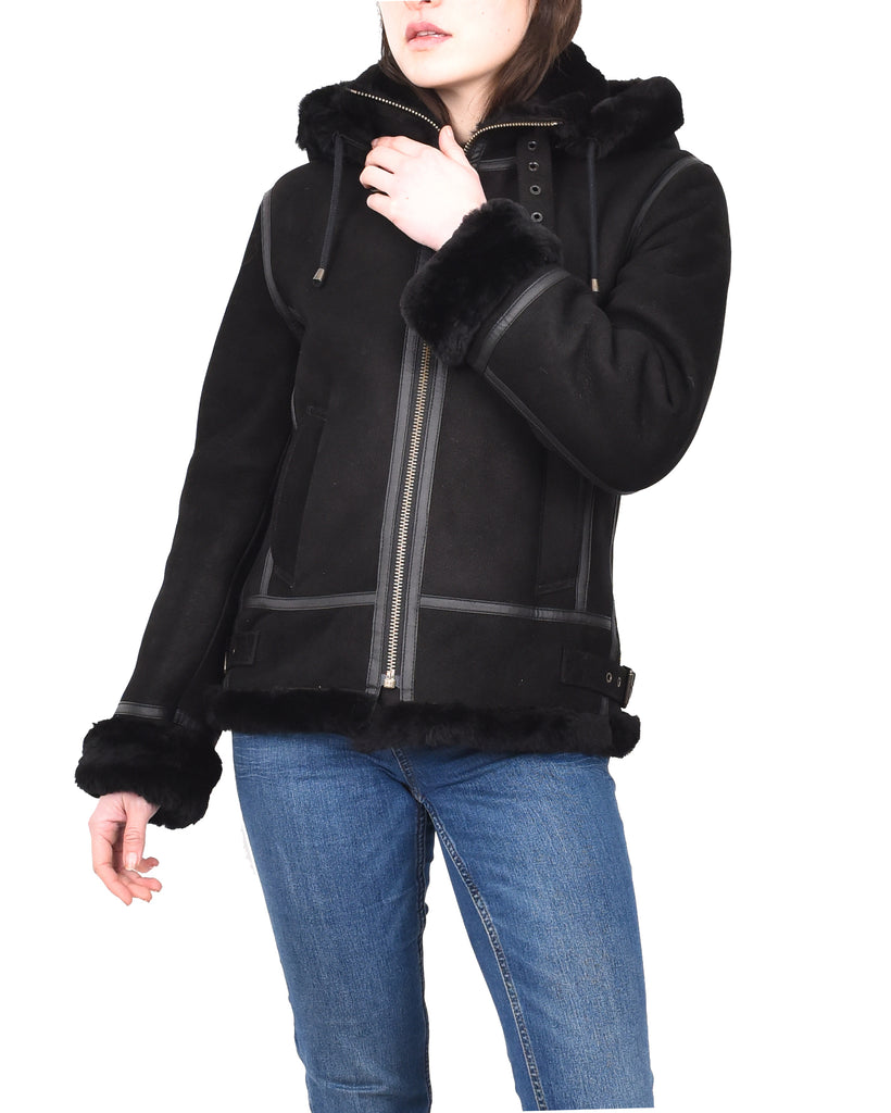 DR248 Women's Real Sheepskin Winter Warm Jacket Black 9