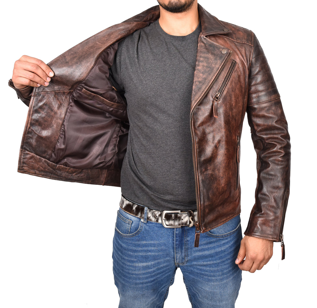 DR145 Men's Quilted Biker Leather Jacket Rust 7