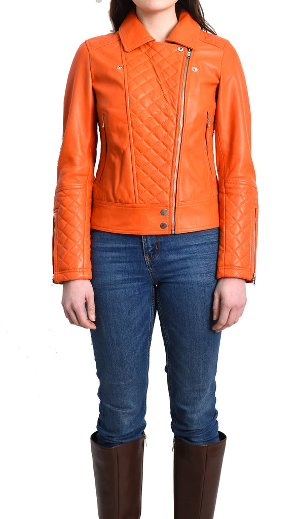 DR238 Women's Leather Biker Jacket with Quilt Detail Orange 10