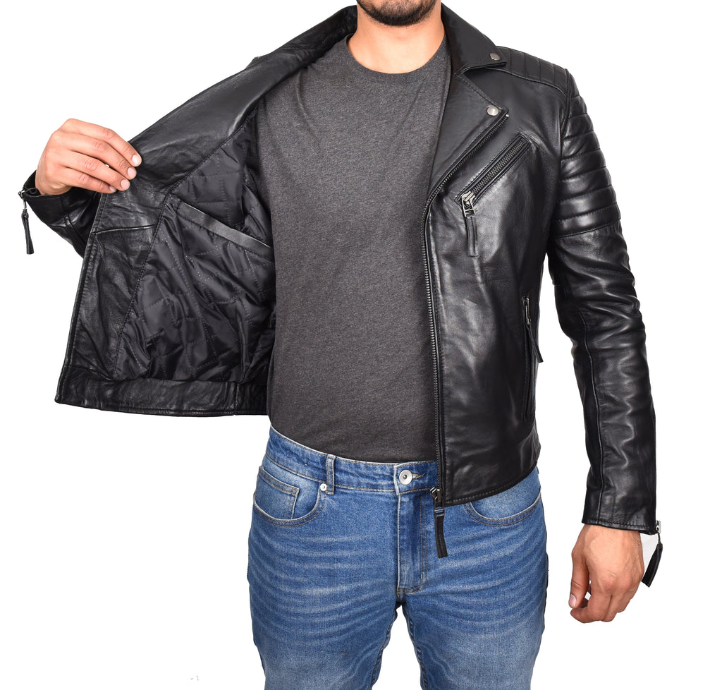 DR145 Men's Quilted Biker Leather Jacket Black 8