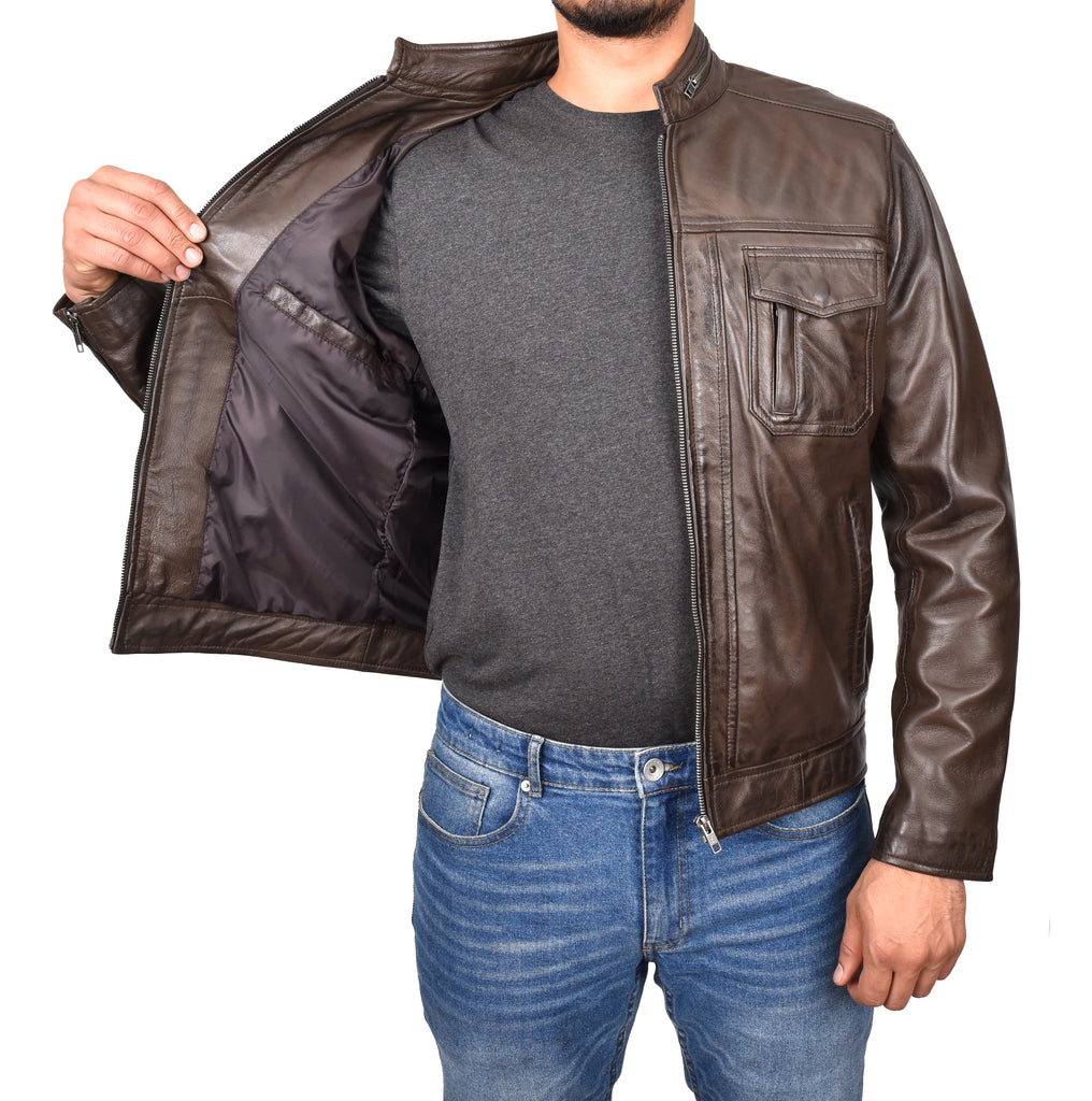 DR149 Men's Vintage Style Leather Biker Jacket Brown 8