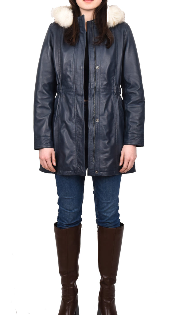 DR204 Women's Smart Long Leather Coat Hood with Fur Blue 9