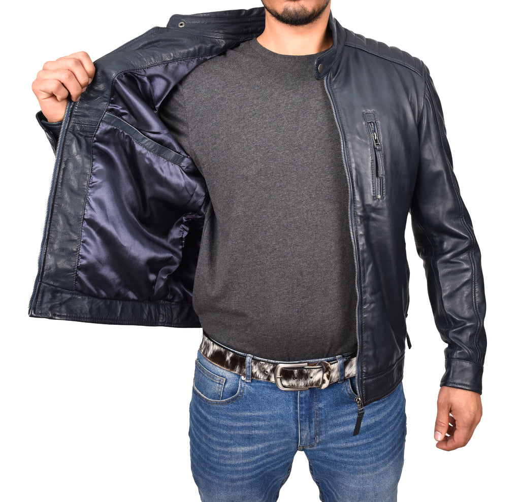 DR185 Men's Real Leather Biker Jacket Navy 8