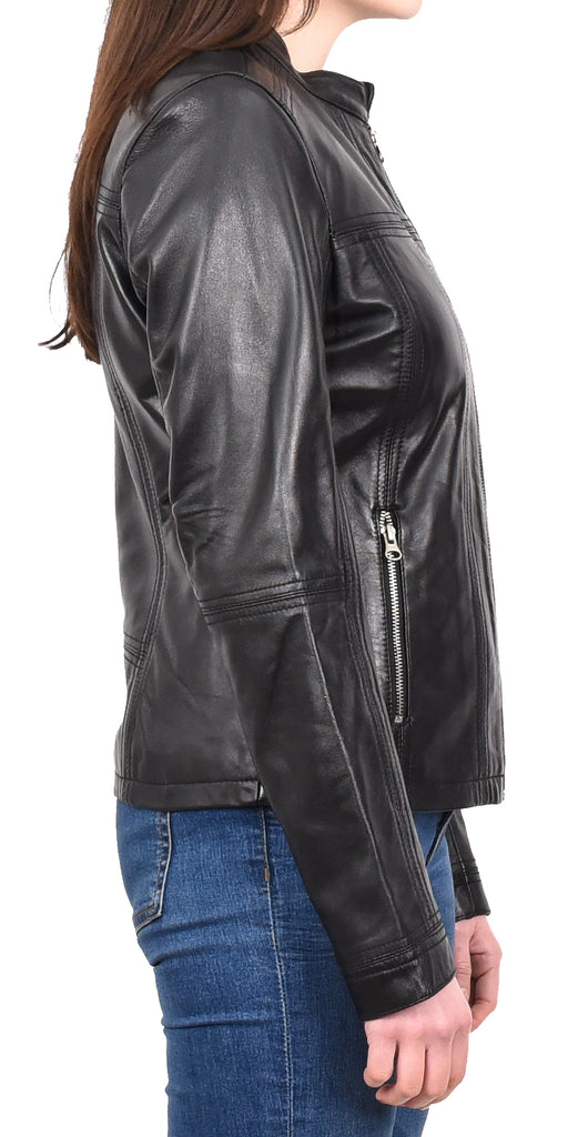 DR257 Women's Leather Classic Biker Style Jacket Black 7