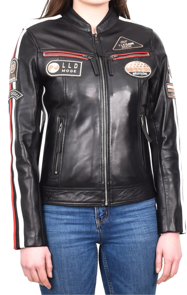 DR674 Women's Soft Real Leather Racing Biker Jacket Black 7