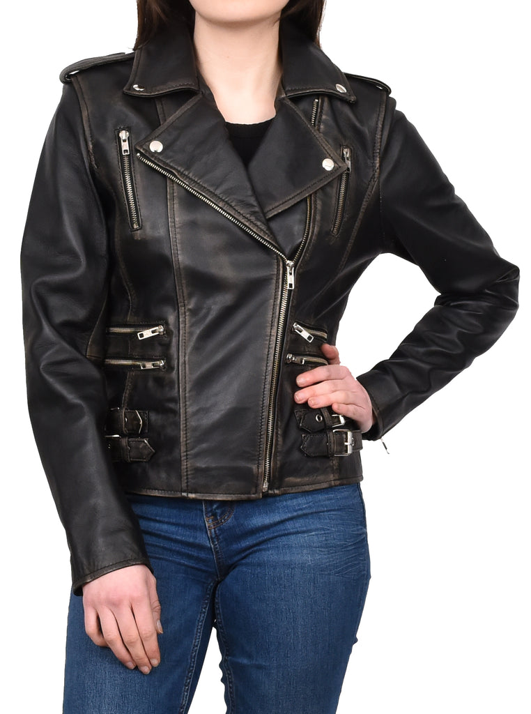 DR195 Women’s Trendy Biker Leather Jacket Rub off 7