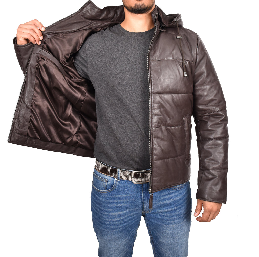 DR188 Men's Leather Hooded Puffer Jacket Brown 8