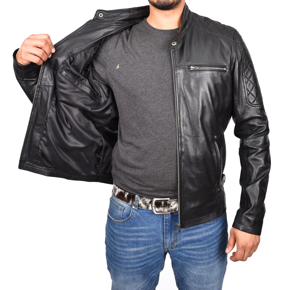 DR158 Men's Classic Quilted Biker Leather Jacket Black 8