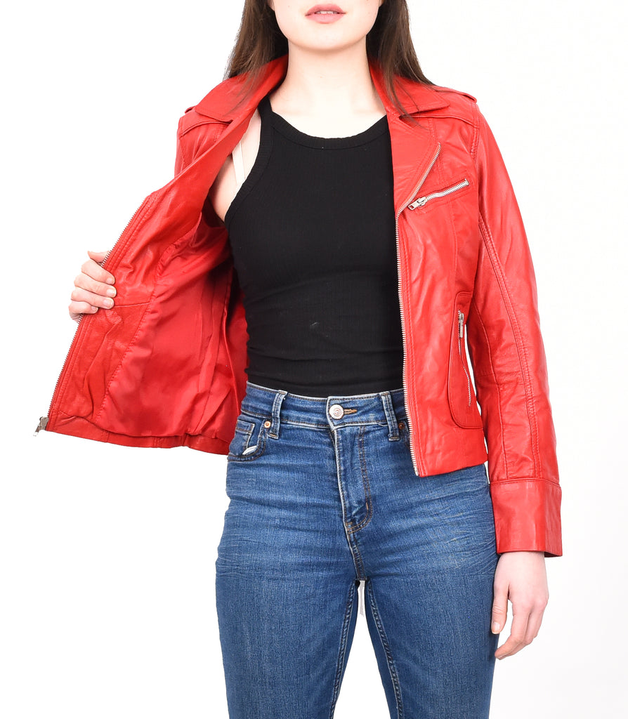 DR194 Women's Casual Leather Biker Jacket Short Red 12