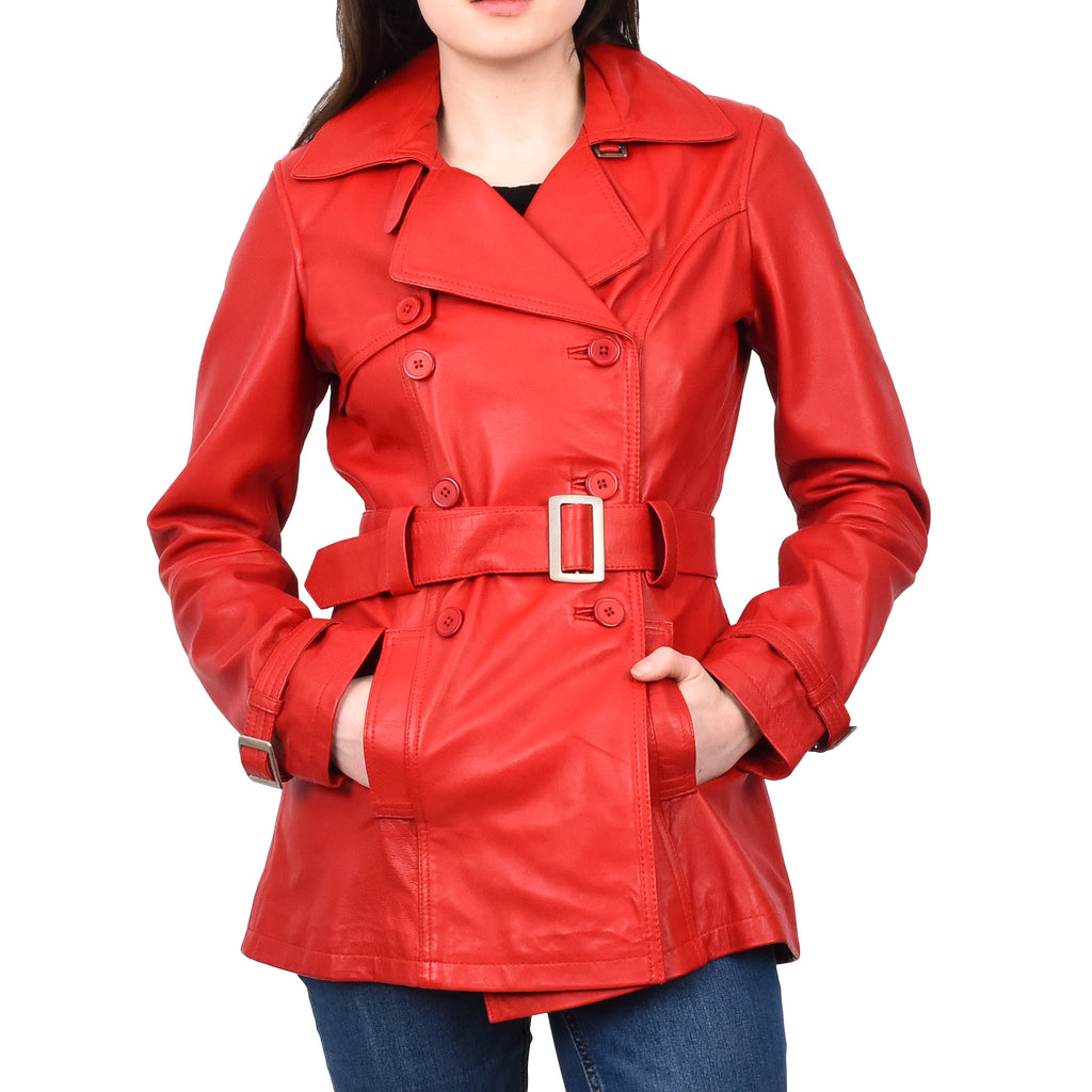 Women's Real Leather Buttoned Coat With Belt Red GlamTrench 1