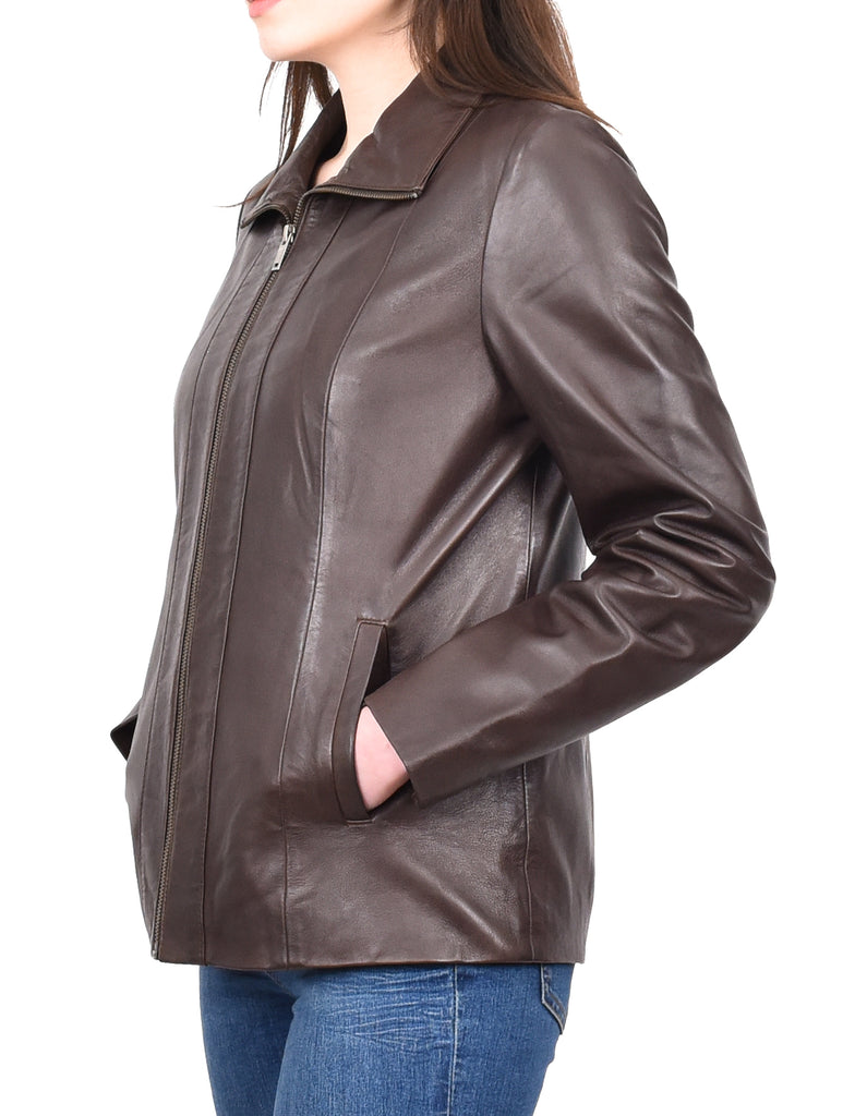 DR202 Women's Casual Semi Fitted Leather Jacket Brown 8