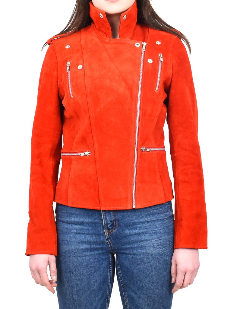 DR217 Women's Hardrock Biker Chich Leather Jacket Red Suede 8