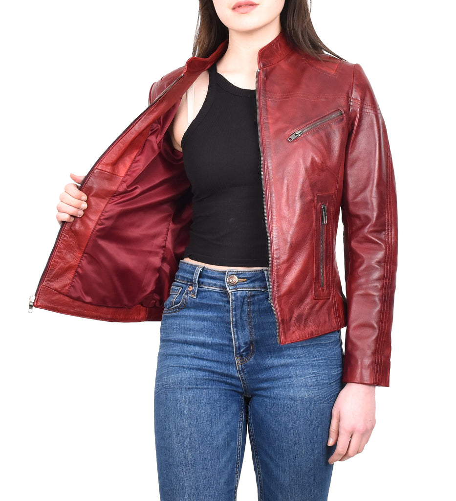 DR200 Ladies Classic Casual Biker Leather Jacket Barn Red 11