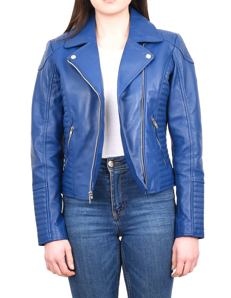 DR206 Women's Soft Leather Cross Zip Biker Jacket Blue 8