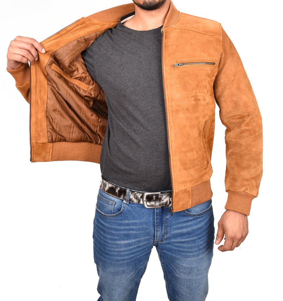 DR120 Men's Suede Leather bomber Jacket Tan 8