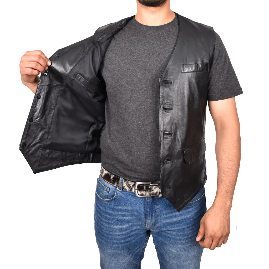 DR554 Men's Genuine Leather Gilet Vest Waistcoat Black 7