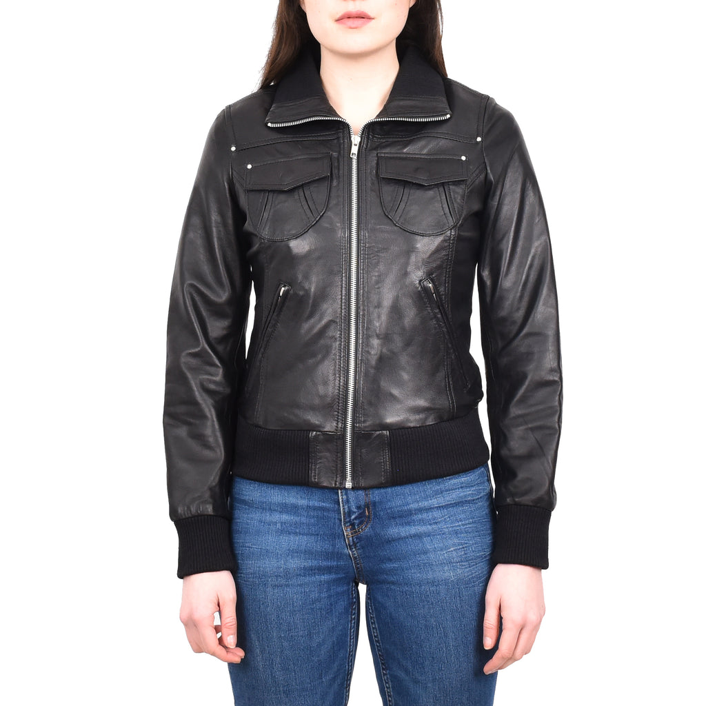 DR514 Womens Leather Classic Bomber Jacket Black 1