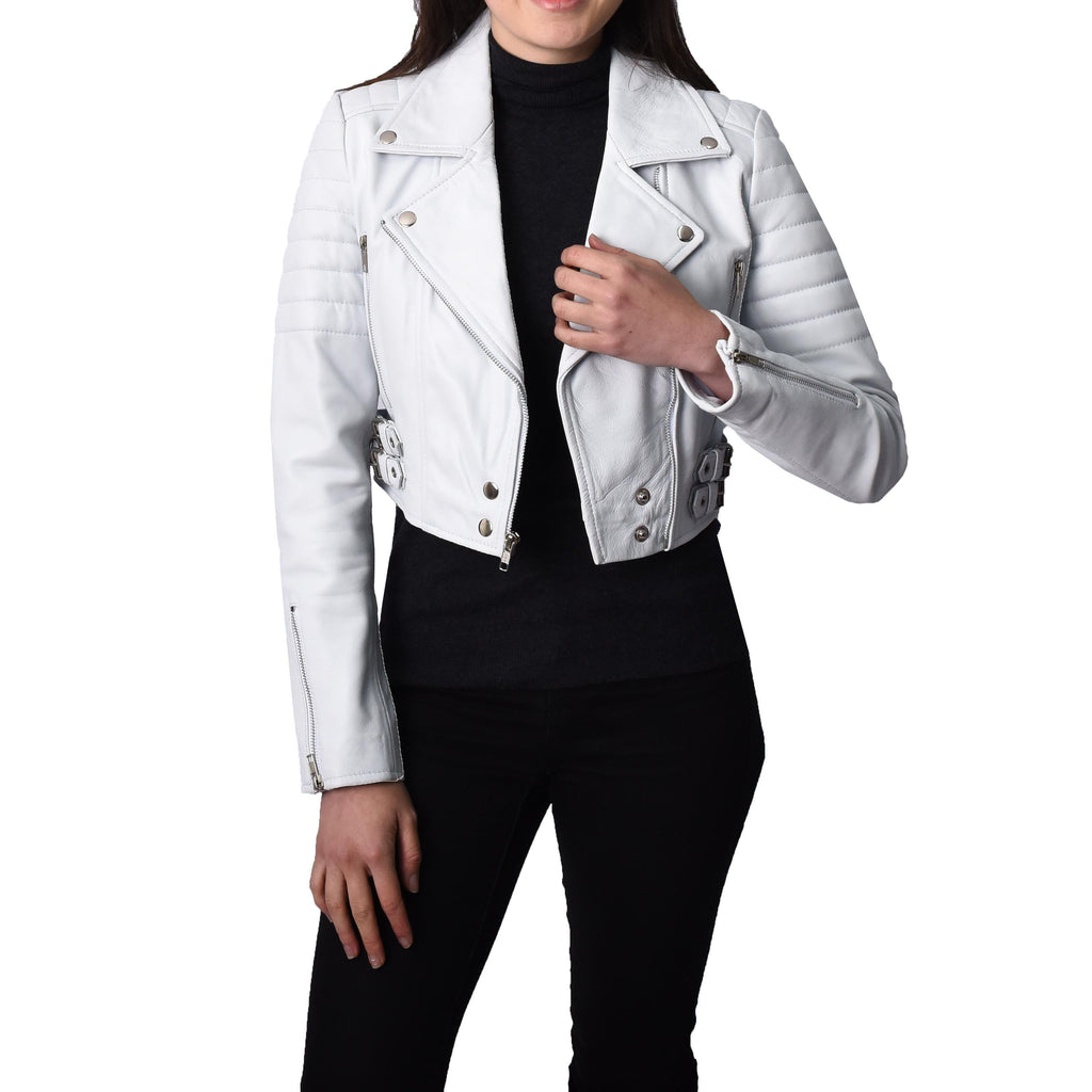 Women's Short Cropped Style Real Leather Biker Jacket White Croppette 3