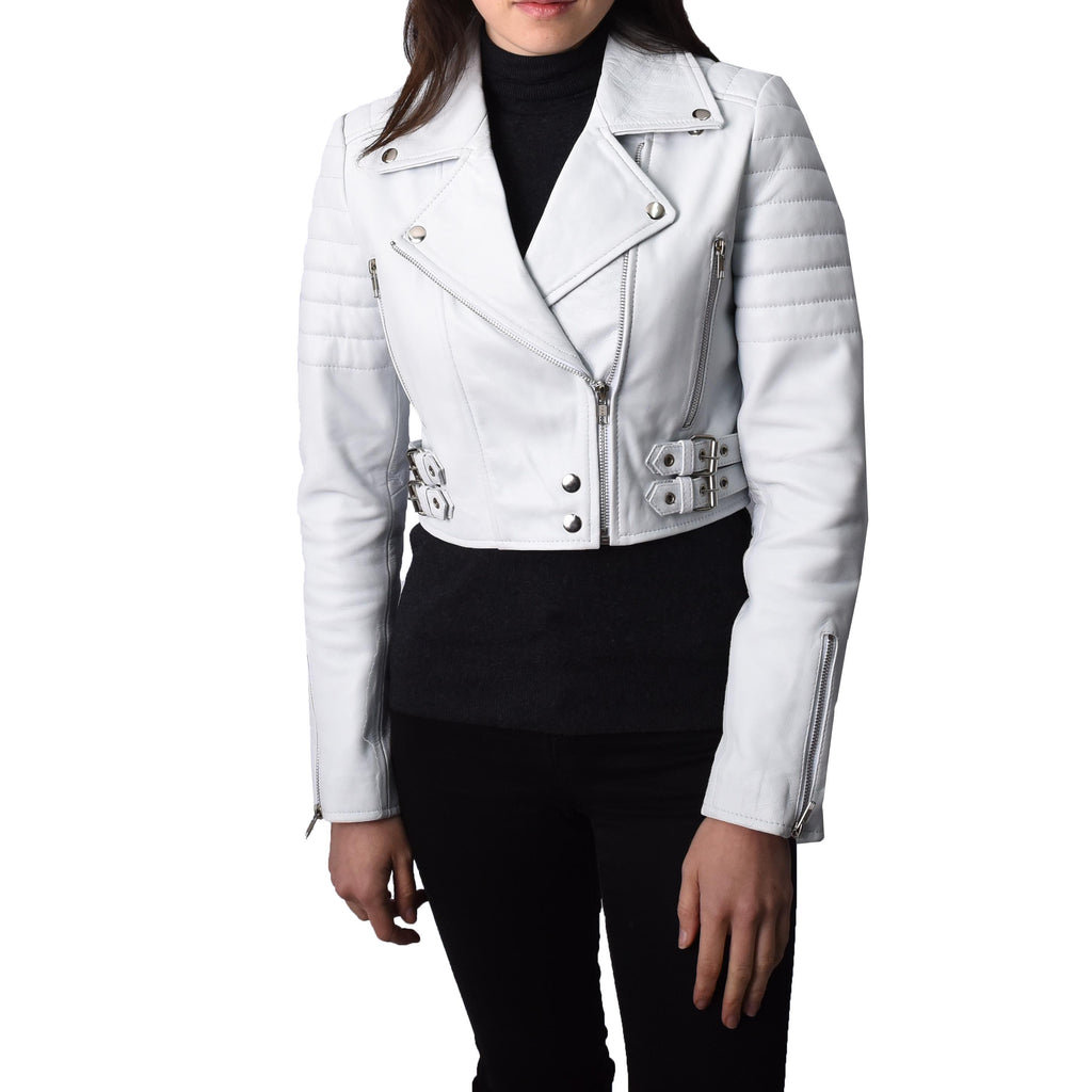 Women's Short Cropped Style Real Leather Biker Jacket White Croppette 1