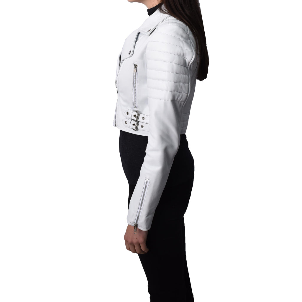 Women's Short Cropped Style Real Leather Biker Jacket White Croppette 4