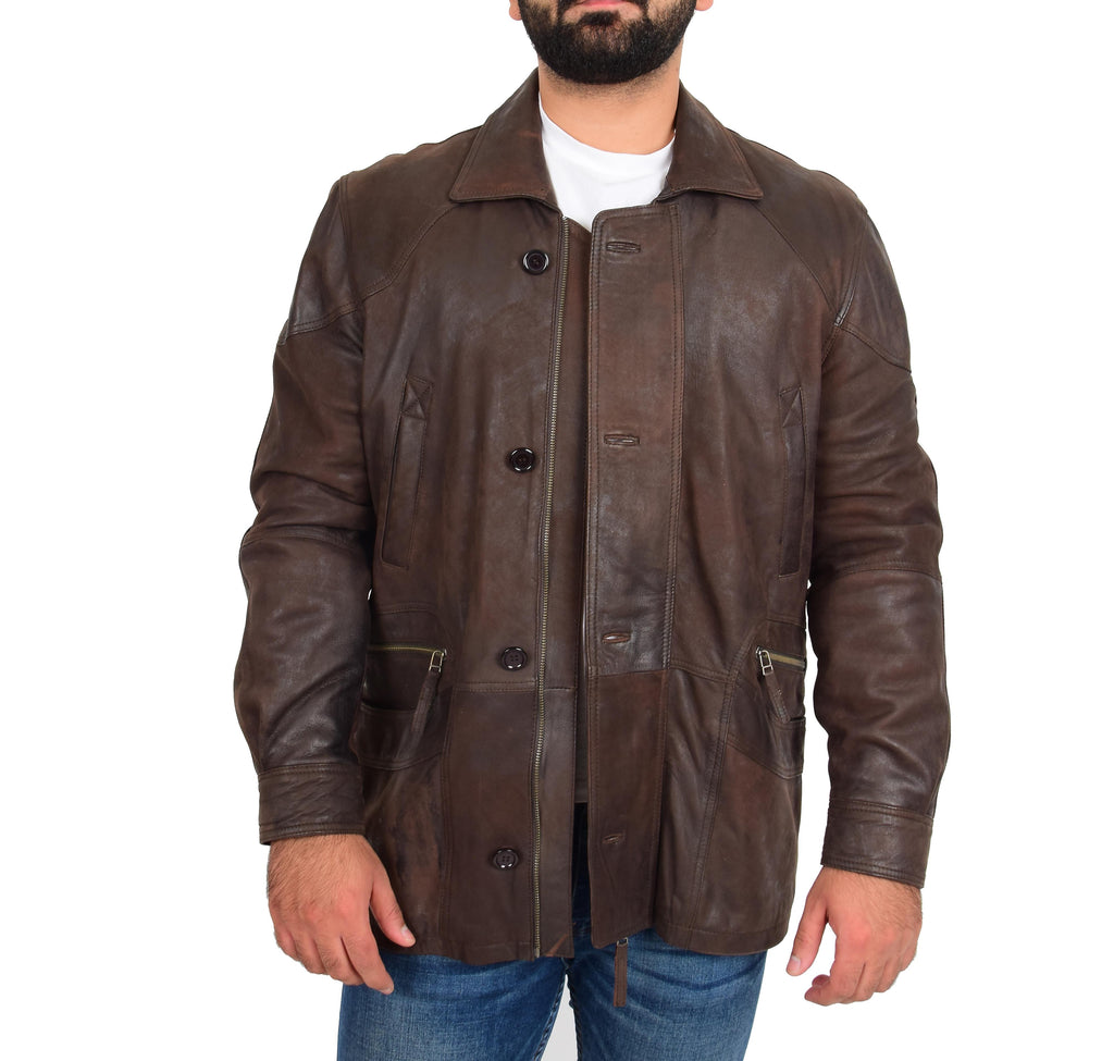 DR113 Men’s Leather Parka Overcoat Nubuck Brown 1