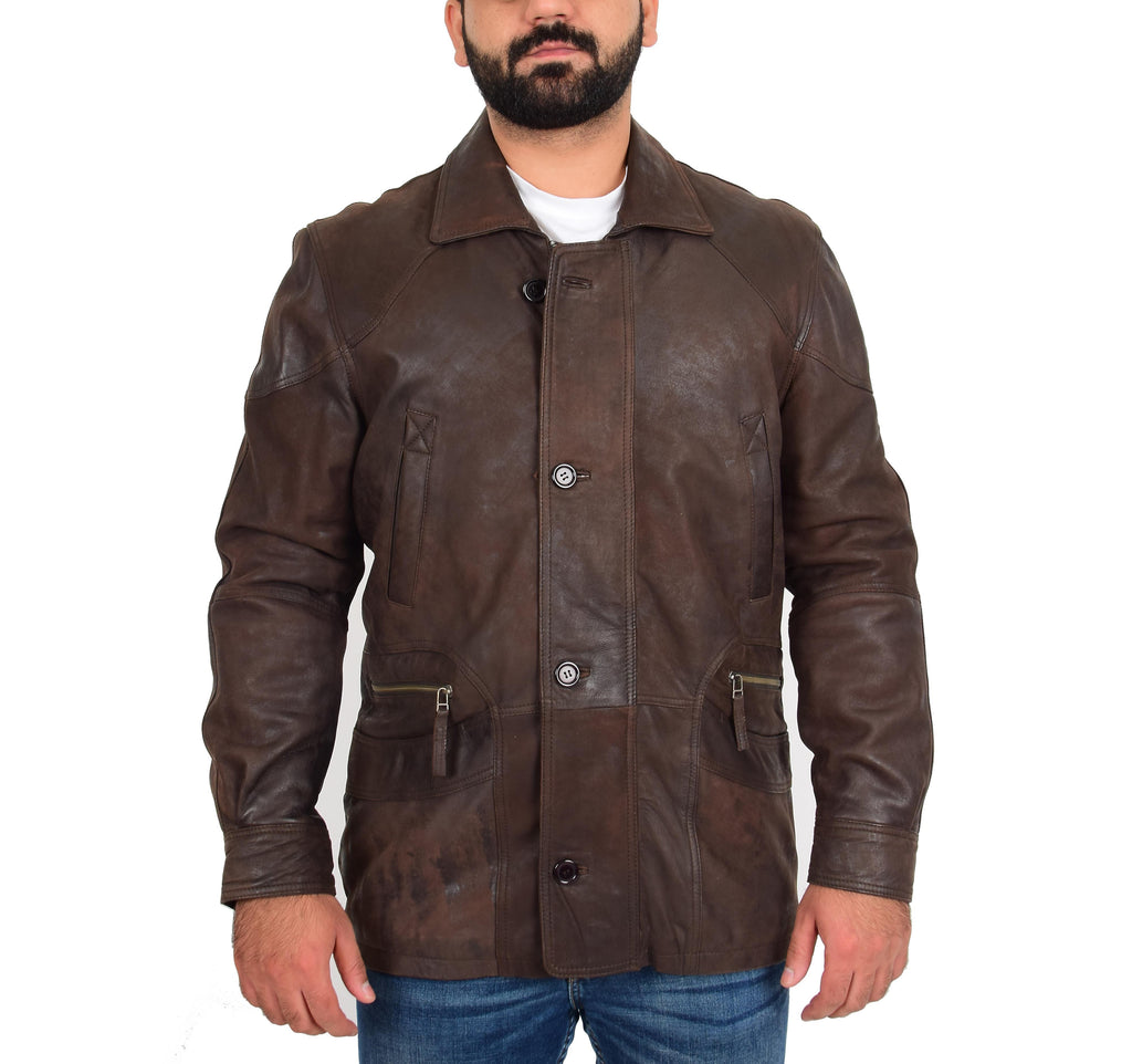 DR113 Men’s Leather Parka Overcoat Nubuck Brown 4