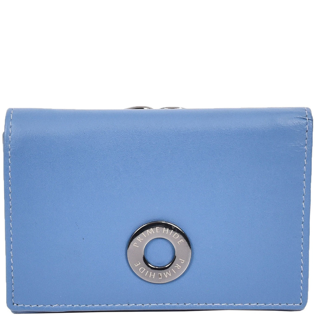 DR687 Women's Soft Leather Trifold Metal Frame Purse Blue 6