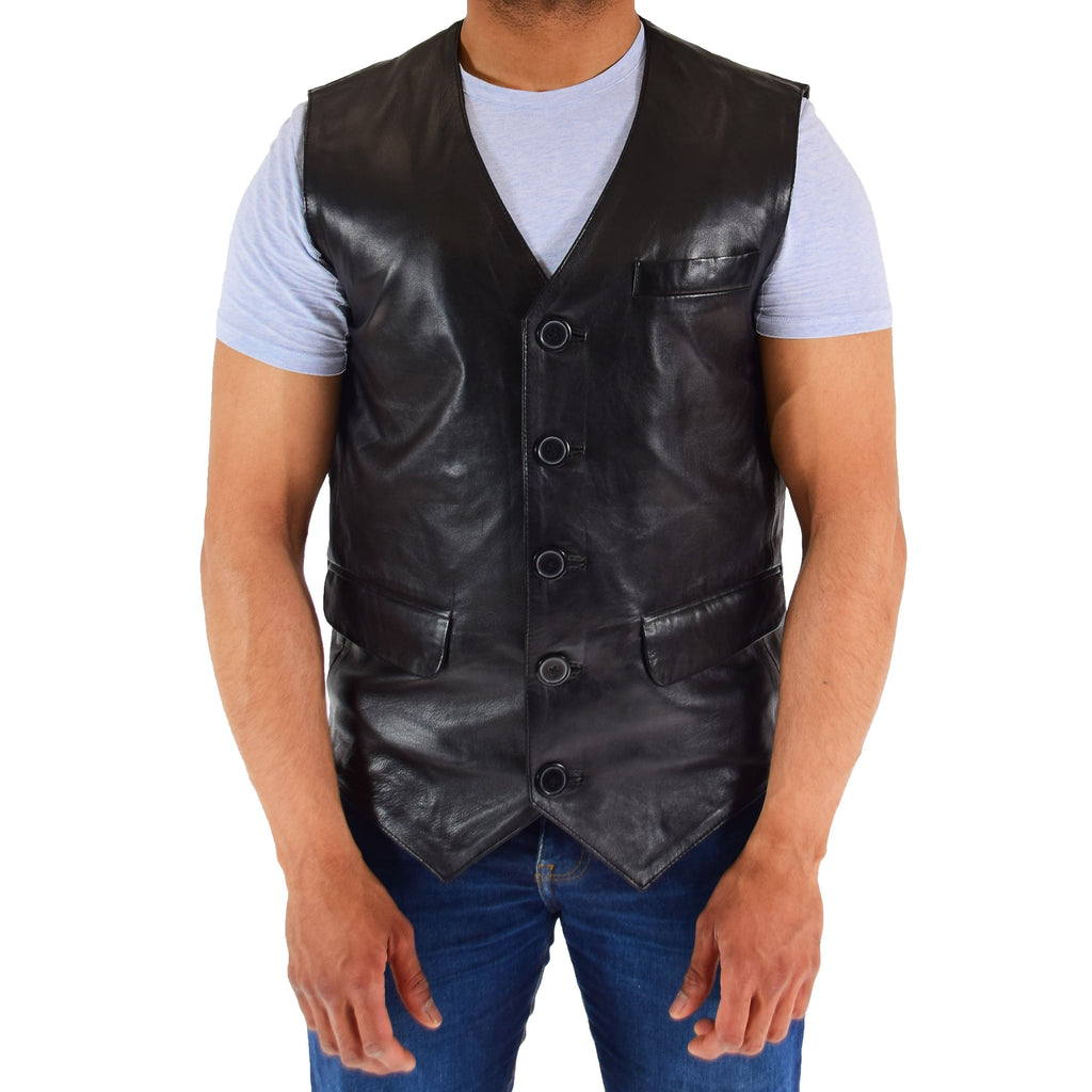 DR554 Men's Genuine Leather Gilet Vest Waistcoat Black 5