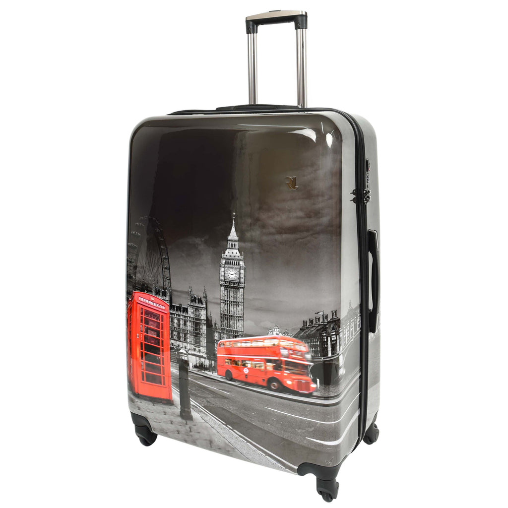 DR645 Four Spinner Wheeled Suitcase Hard Shell London Night Print Luggage Black 2