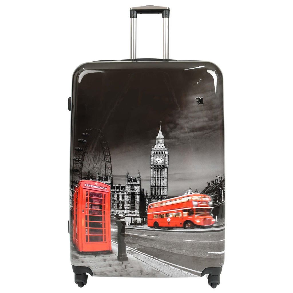 DR645 Four Spinner Wheeled Suitcase Hard Shell London Night Print Luggage Black 3