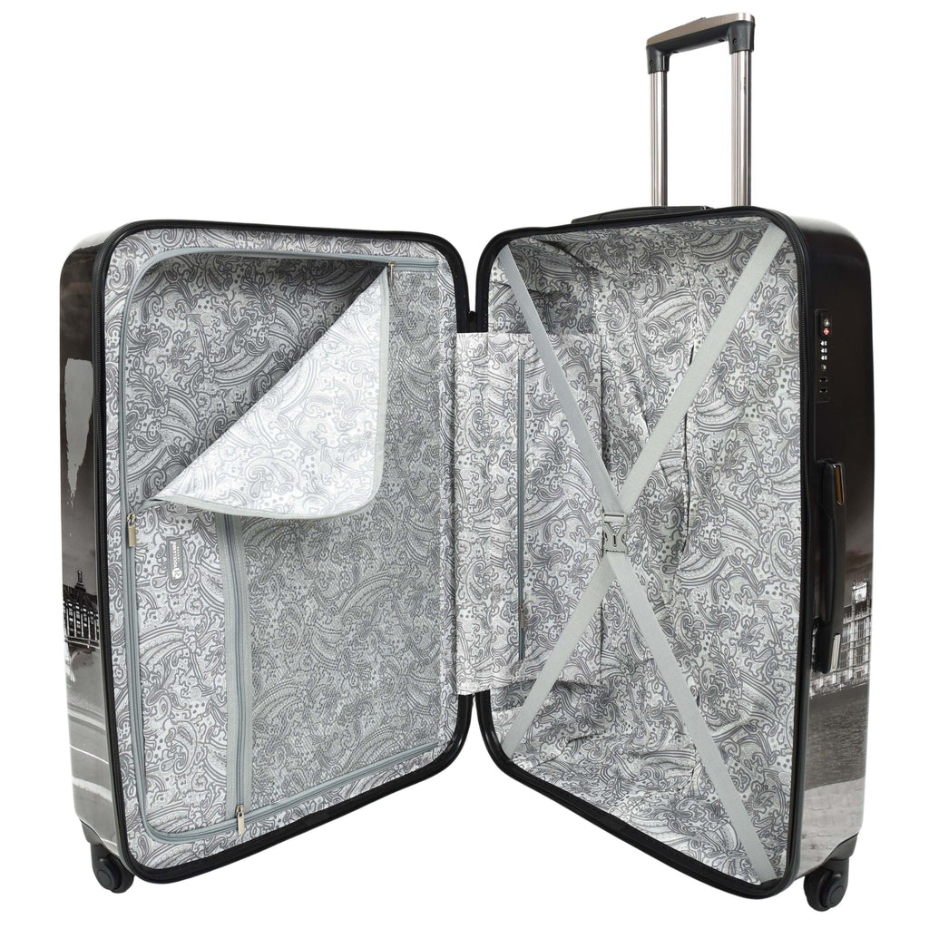 DR645 Four Spinner Wheeled Suitcase Hard Shell London Night Print Luggage Black 6