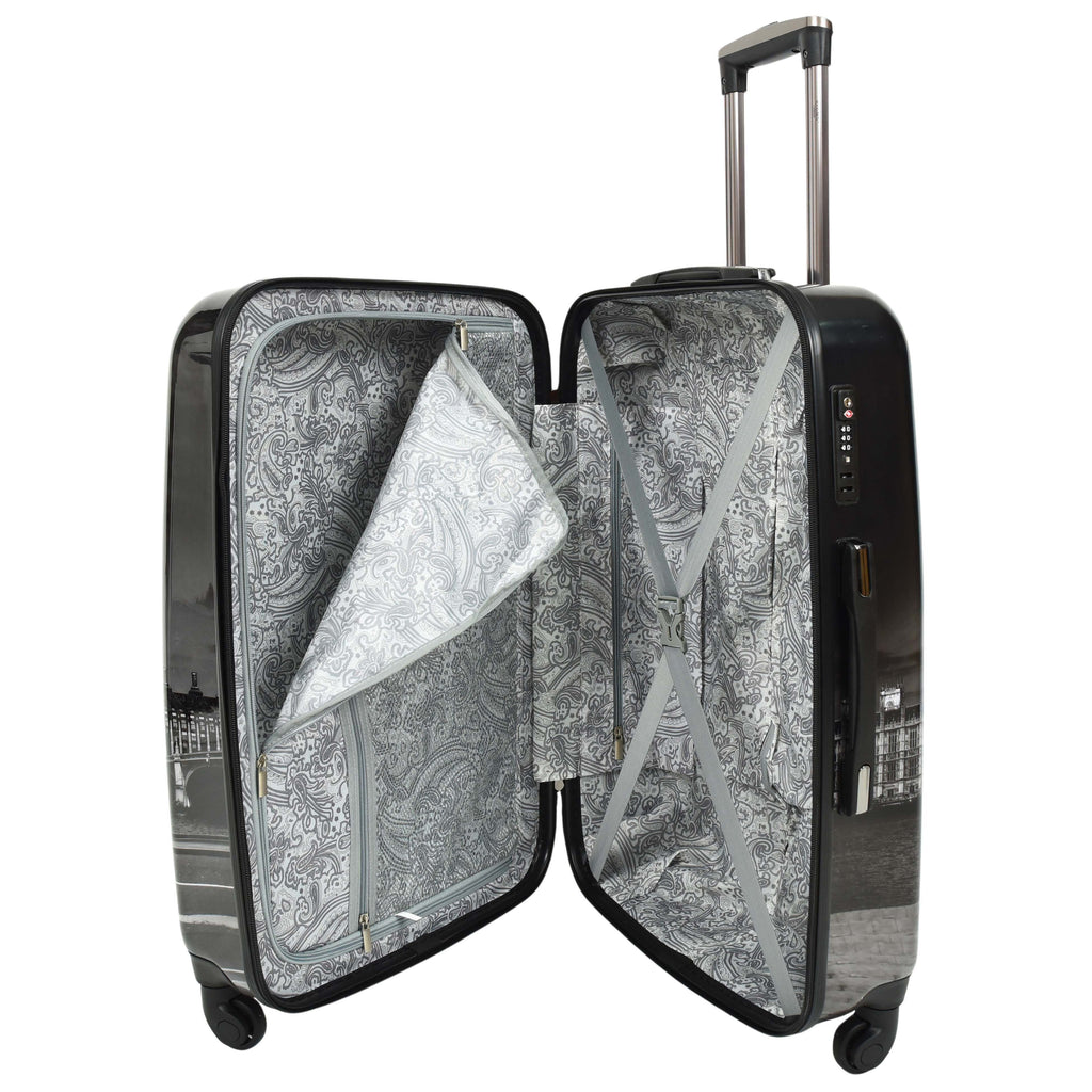 DR645 Four Spinner Wheeled Suitcase Hard Shell London Night Print Luggage Black 11