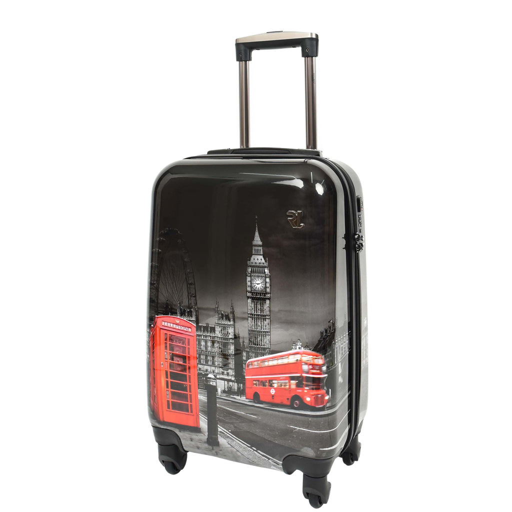 DR645 Four Spinner Wheeled Suitcase Hard Shell London Night Print Luggage Black 12