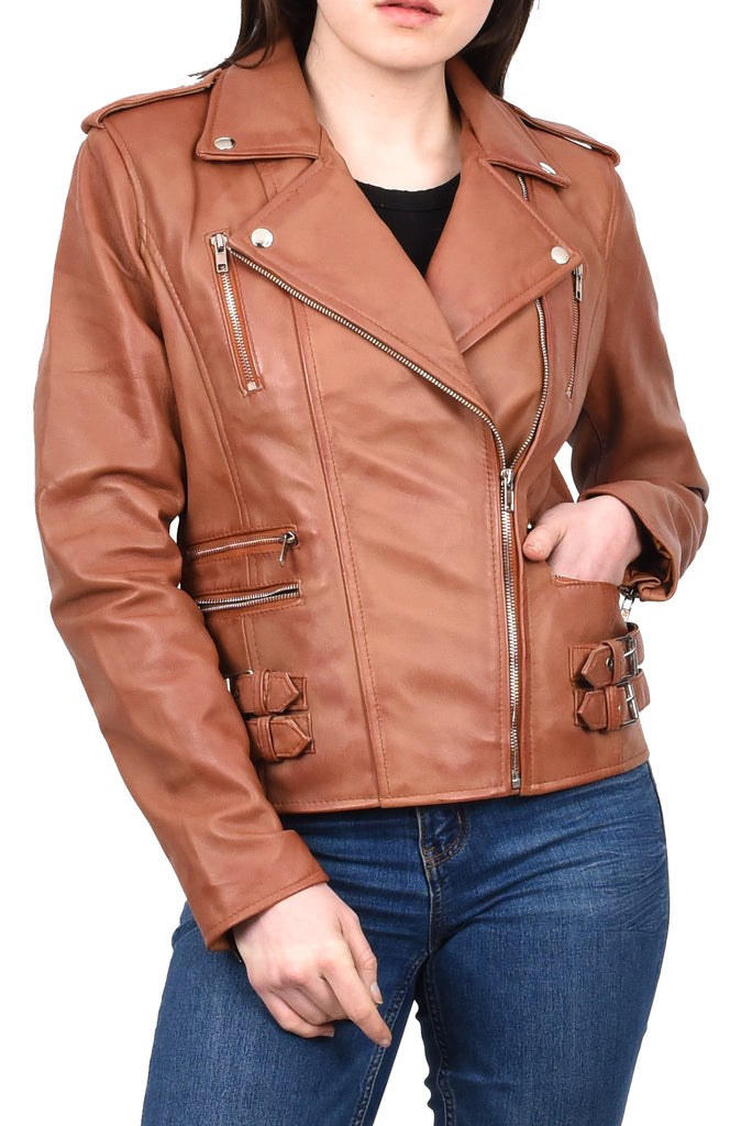 DR195 Women’s Trendy Biker Leather Jacket Cognac 10