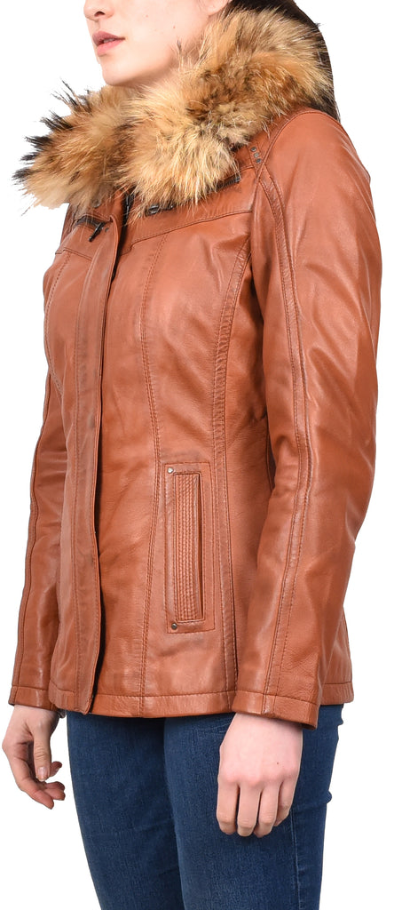 DR258 Women's Leather Jacket with Detachable Collar Cognac 2