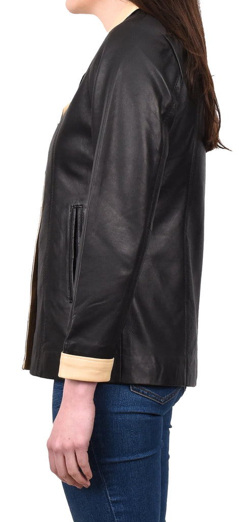 DR272 Women’s Soft Leather Blazer Beige Black 3