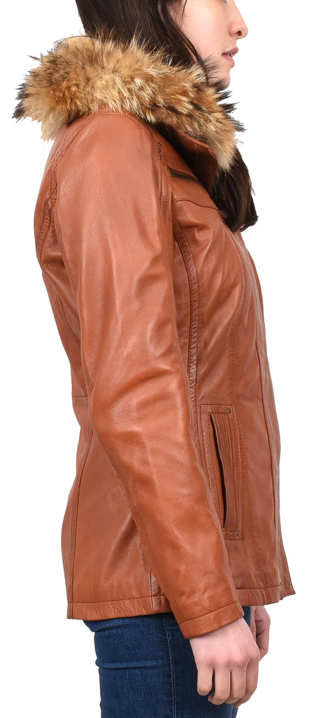 DR258 Women's Leather Jacket with Detachable Collar Cognac 5