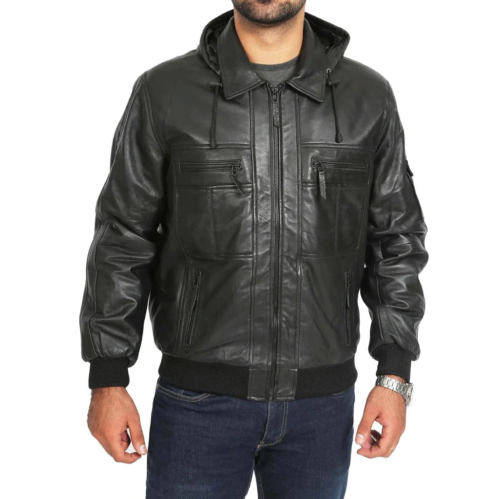 Men’s Hooded Bomber Leather Jacket BlackDR108 Men’s Hooded Bomber Leather Jacket Black 1