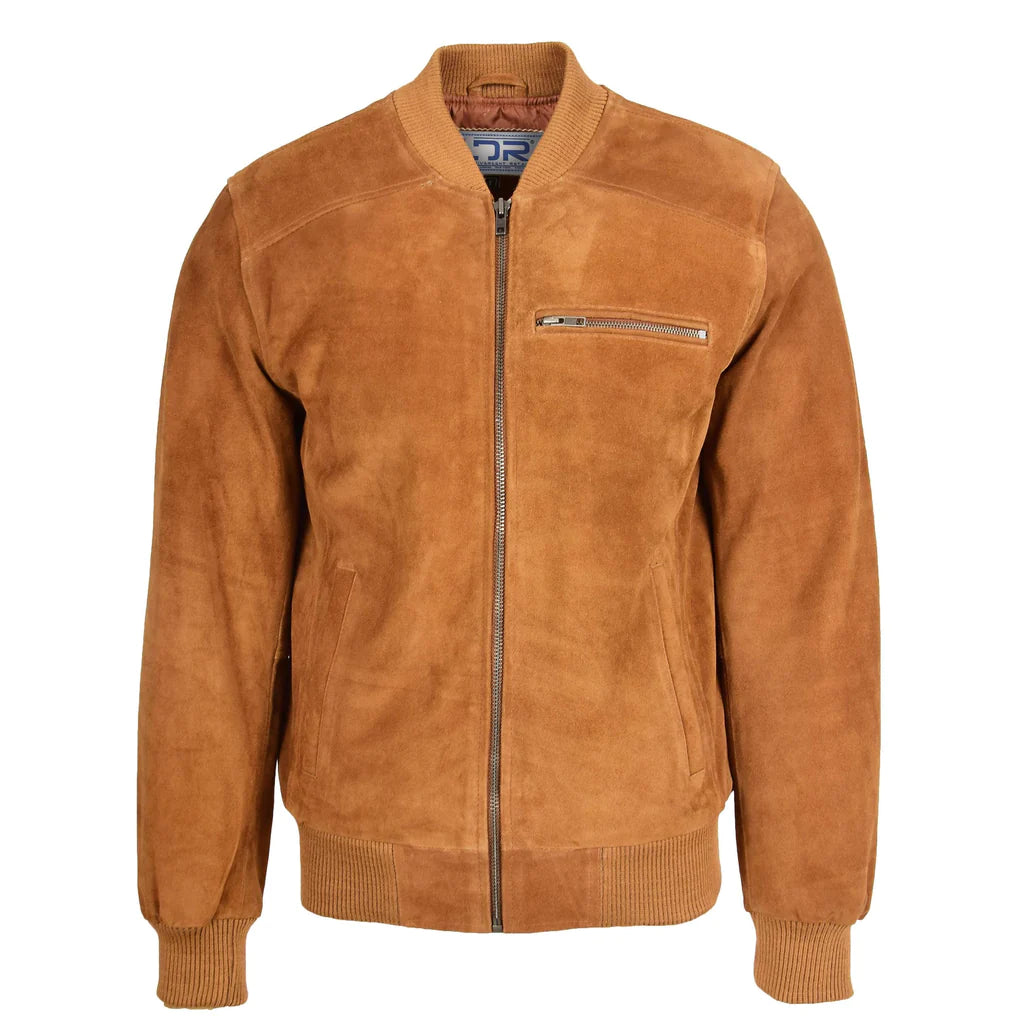 Men's Suede Leather bomber Jacket Tan 1