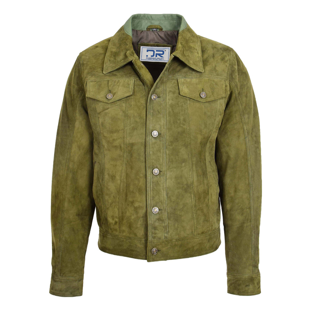 DR124 Men's Suede Buttoned Leather Short Jacket Green 1