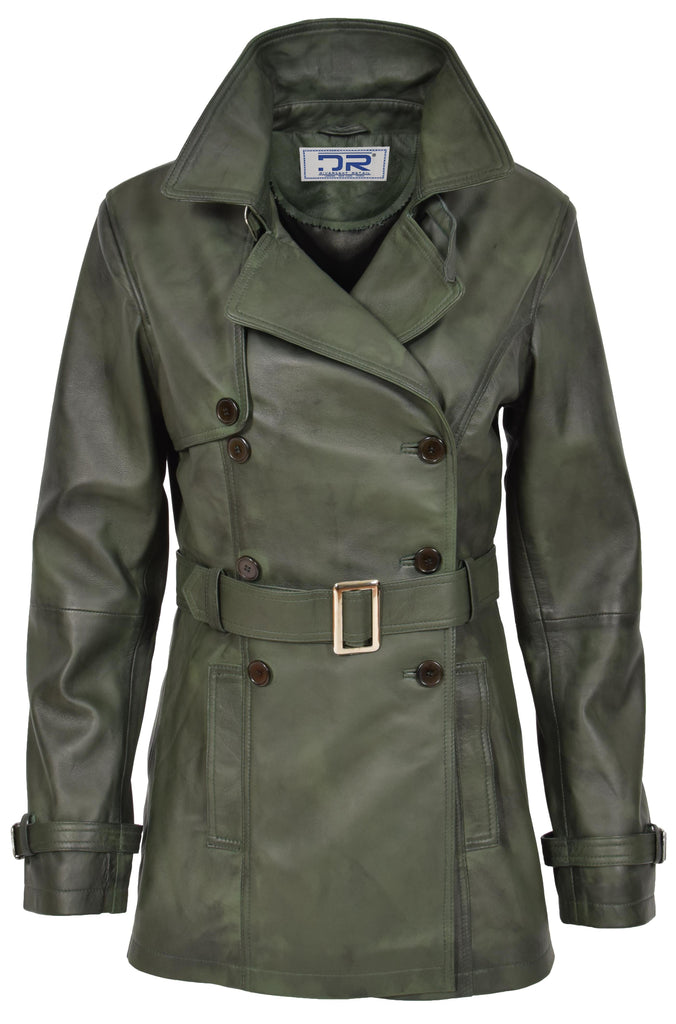 DR201 Women's Leather Buttoned Coat With Belt Smart Style Green 4